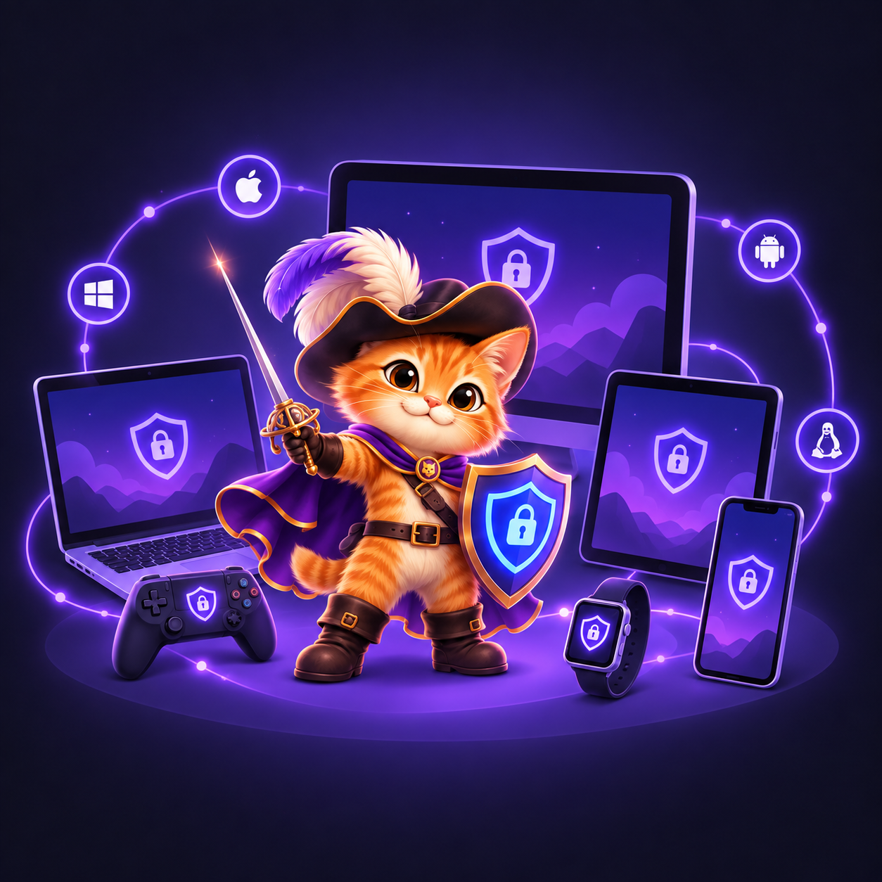 Kittyy рядом с телефоном, планшетом и компьютером