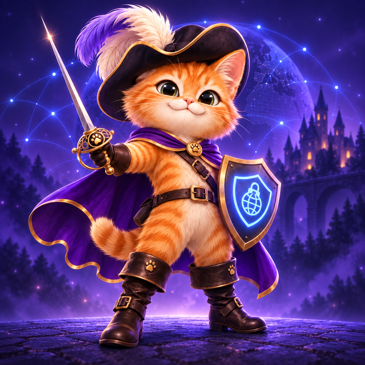 Маскот Kittyy VPN: рыжий котёнок-мушкетёр со шпагой и щитом на фоне фиолетового мира